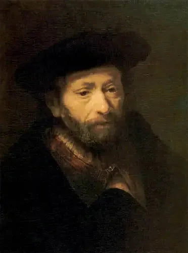 Portret van een oude bebaarde man met een hand in zijn mantel - Rembrandt