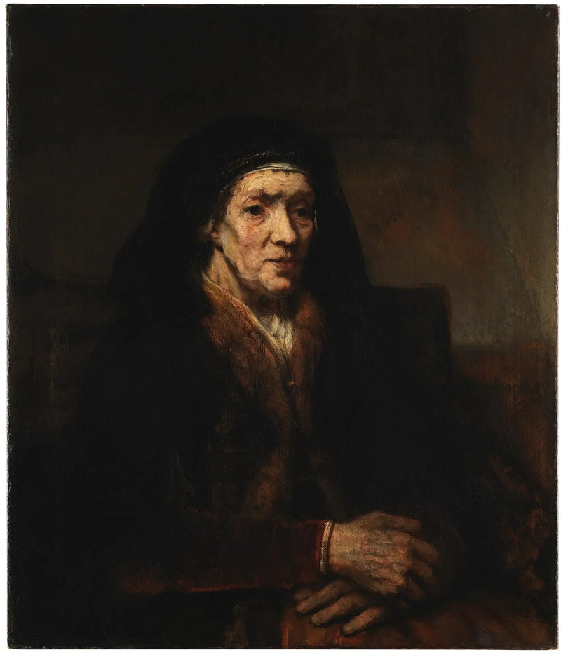 Portret van een zittende vrouw met samengevoegde handen - Rembrandt