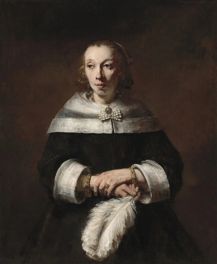Portret van een vrouw met een struisvogelveren waaier - Rembrandt
