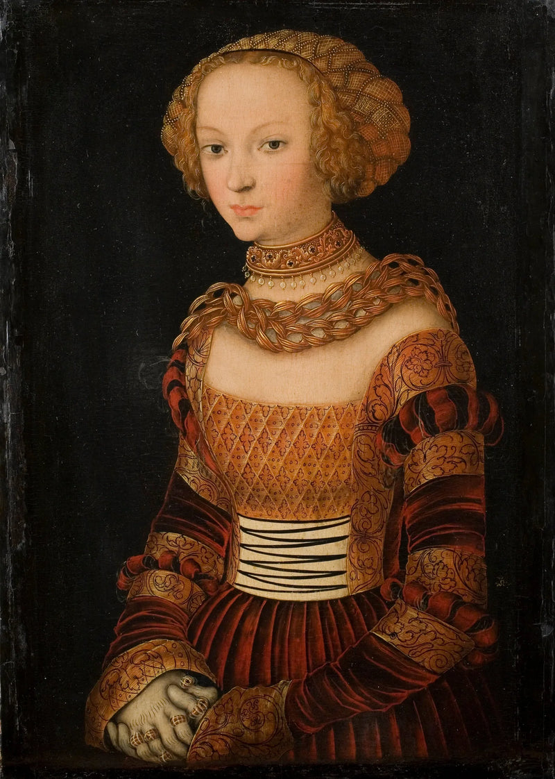 Portret van een jonge vrouw. Prinses Émilie van Saksen? - Lucas Cranach de Oudere
