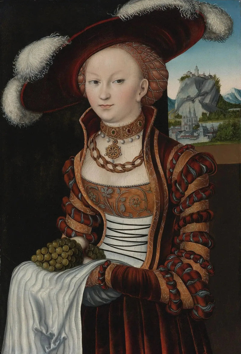 Portret van een jonge vrouw die een tros druiven vasthoudt - Lucas Cranach de Oudere