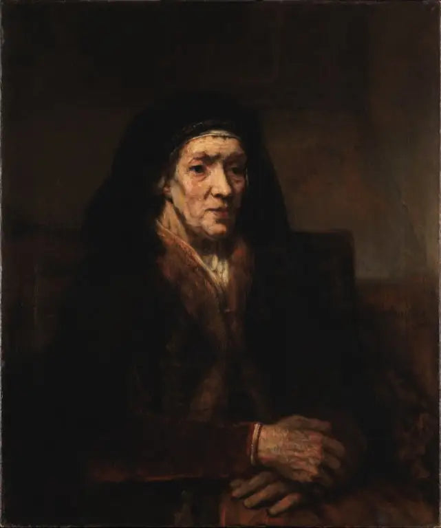 Portret van een oude vrouw die zit, met samengevoegde handen - Rembrandt