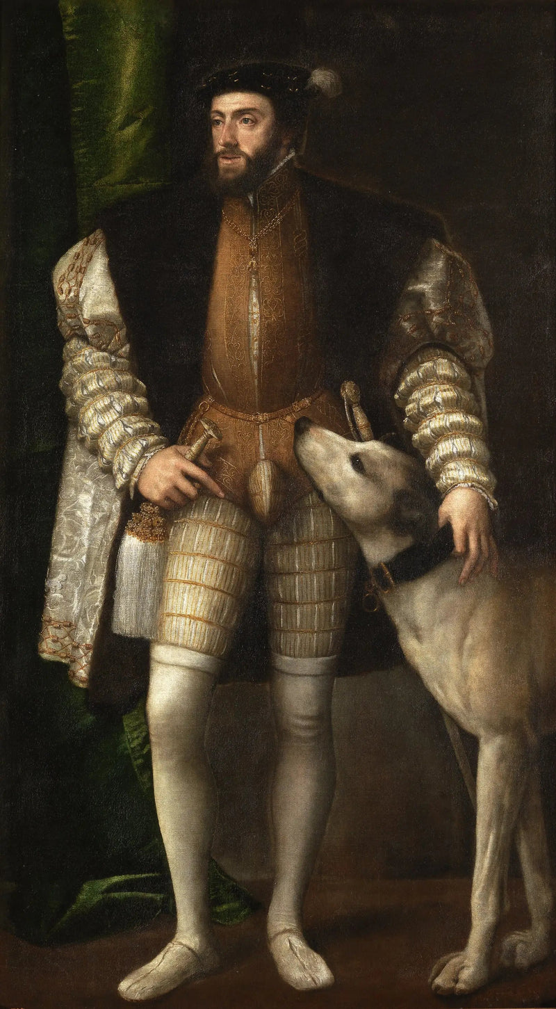 Portret van Karel V met een hond - Titian