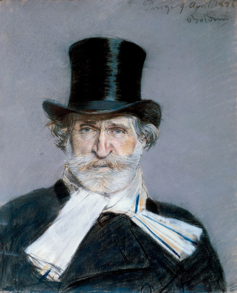Portret van Giuseppe Verdi met witte sjaal en hoge hoed - Giovanni Boldini