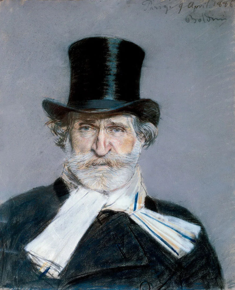 Portret van Giuseppe Verdi met witte sjaal en hoge hoed - Giovanni Boldini