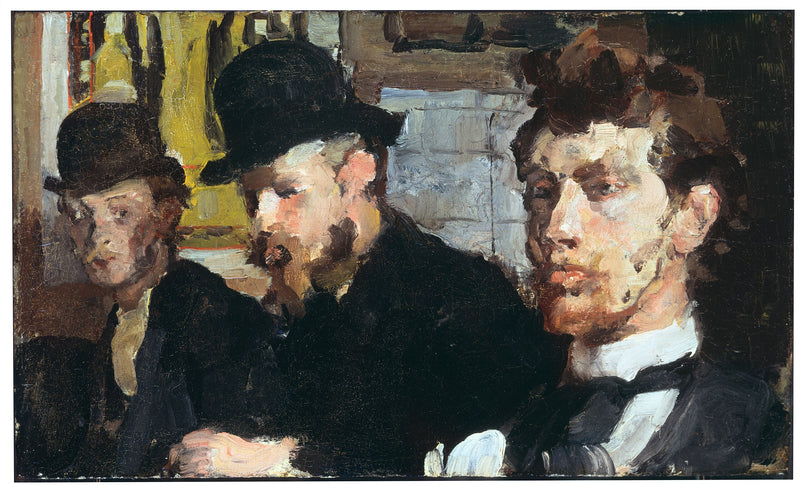 Groepsportret met van links naar rechts de kunstenaars Carel Adolph Lion Cachet, Gerrit Willem Dijsselhof en Theo Nieuwenhuis - Isaac Israëls