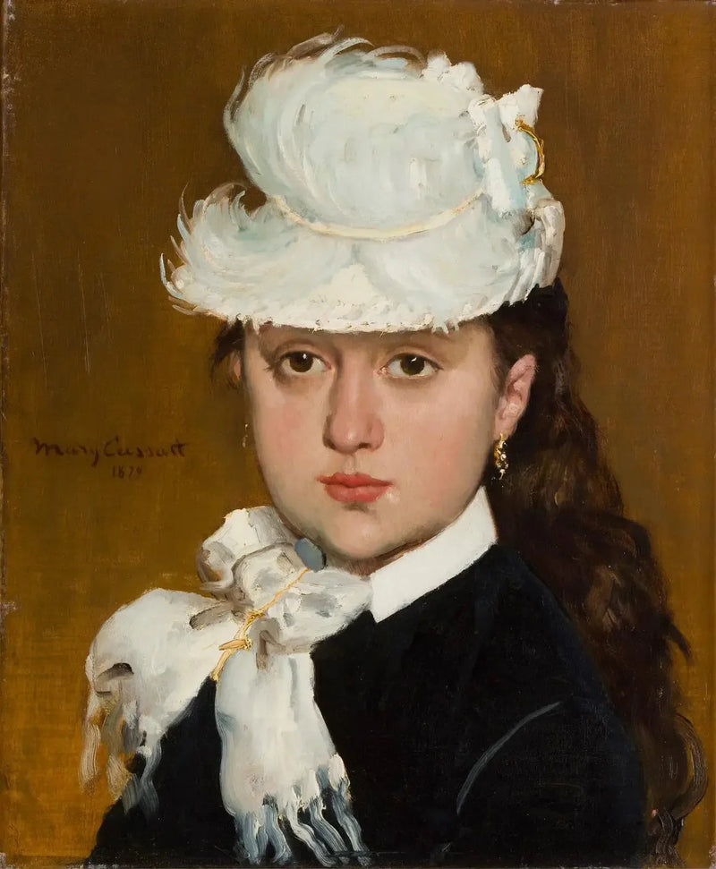 Portret van een jonge vrouw met een witte hoed - Mary Cassatt