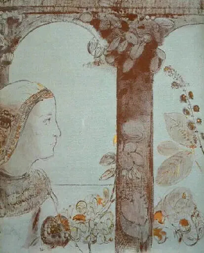 Portret van een jonge vrouw op de achtergrond van bogen - Odilon Redon