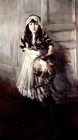 Portret van Josefina Errazuriz Alvear die een kat vasthoudt - Giovanni Boldini