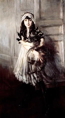 Portret van Josefina Errazuriz Alvear die een kat vasthoudt - Giovanni Boldini