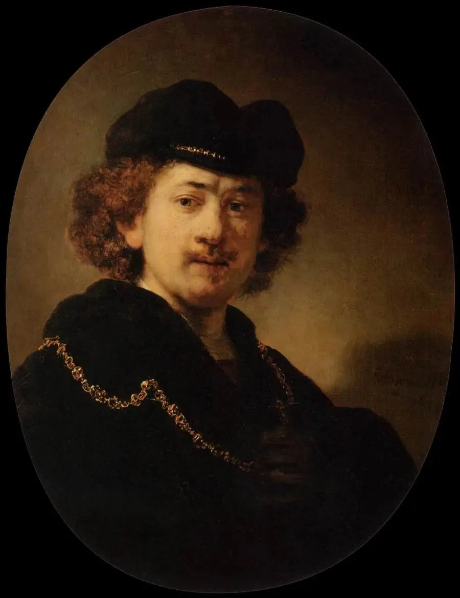Portret van de kunstenaar met een toque en een gouden ketting - Rembrandt
