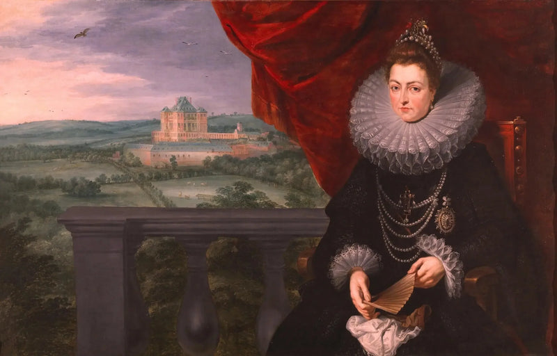 Portret van de prinses Isabella met het kasteel van Mariemont op de achtergrond - Peter Paul Rubens