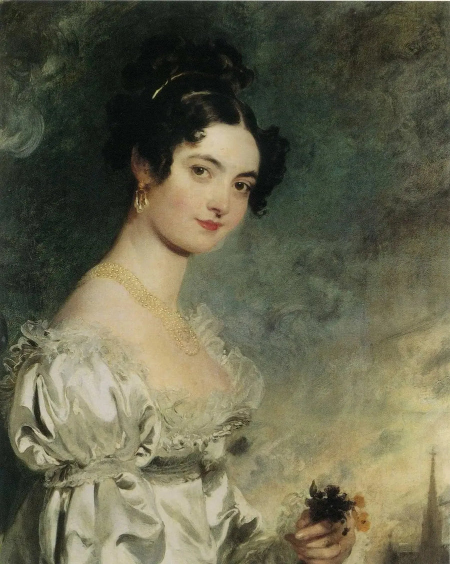 Portret van Lady Selina Meade (1797–1872), half-figuur, in een ivoorkleurige satijnen jurk, met de torenspits van de Sint-Etiennekathedraal in Wenen op de achtergrond - Thomas Lawrence