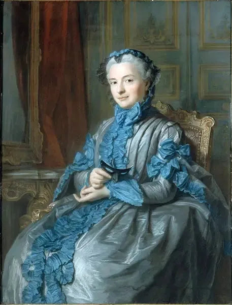 Portret van mevrouw de voorzitter van Rieux, in baljurk, houdend een masker - Maurice-Quentin de La Tour