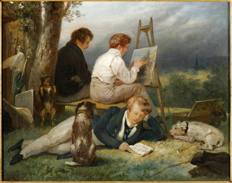 Portret van de drie broers Scheffer in een landschap - Ary Scheffer