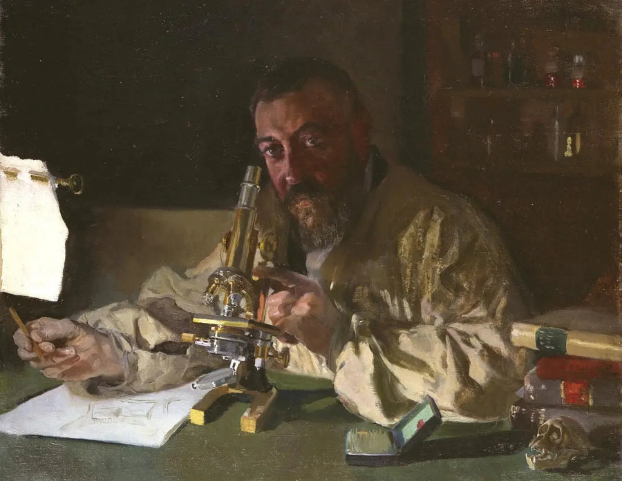 Portret van Dr. Simarro met microscoop - Joaquín Sorolla