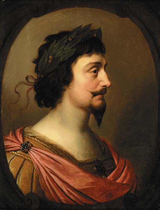 Portret van koning Frederik V van Bohemen, in profiel, in Romeinse stijl, in een ovaal gefingeerd cartouche - Gerrit van Honthorst