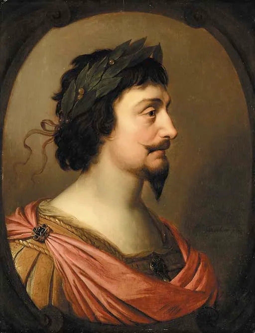 Portret van koning Frederik V van Bohemen, in profiel, in Romeinse stijl, in een ovaal gefingeerd cartouche - Gerrit van Honthorst