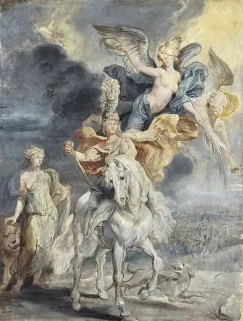 Paardportret van Marie de Médicis (1575-1642) en de triomf van Juliers - Peter Paul Rubens