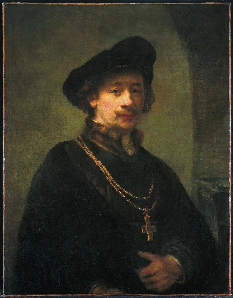 Zelfportret met baret, gouden ketting en staf - Rembrandt
