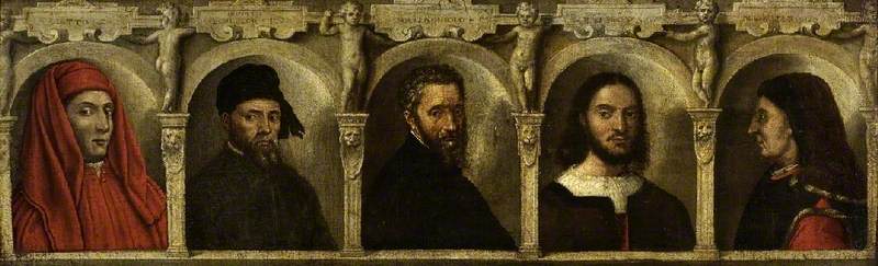 Portretten van vijf kunstenaars, Giotto, Donatello, Michelangelo, Raphael en Brunelleschi - Francesco Salviati