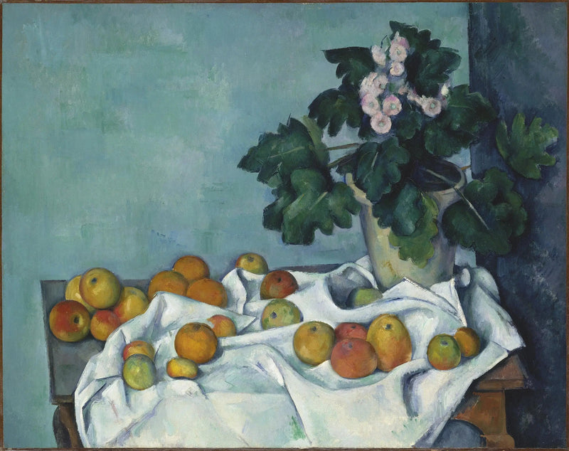 Pot met primula's en fruit op een tafel - Paul Cézanne