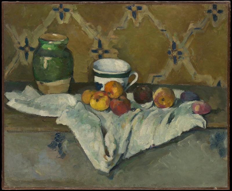 Pottenbakkerij, kopje en fruit op een wit tafelkleed - Paul Cézanne