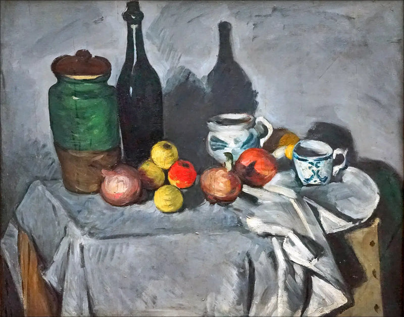 Potten, fles, beker en fruit - Paul Cézanne