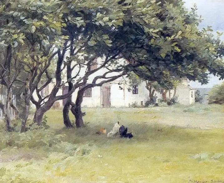 Kippen onder de bomen op de boerderij van mevrouw Bendsen - Peder Severin Krøyer