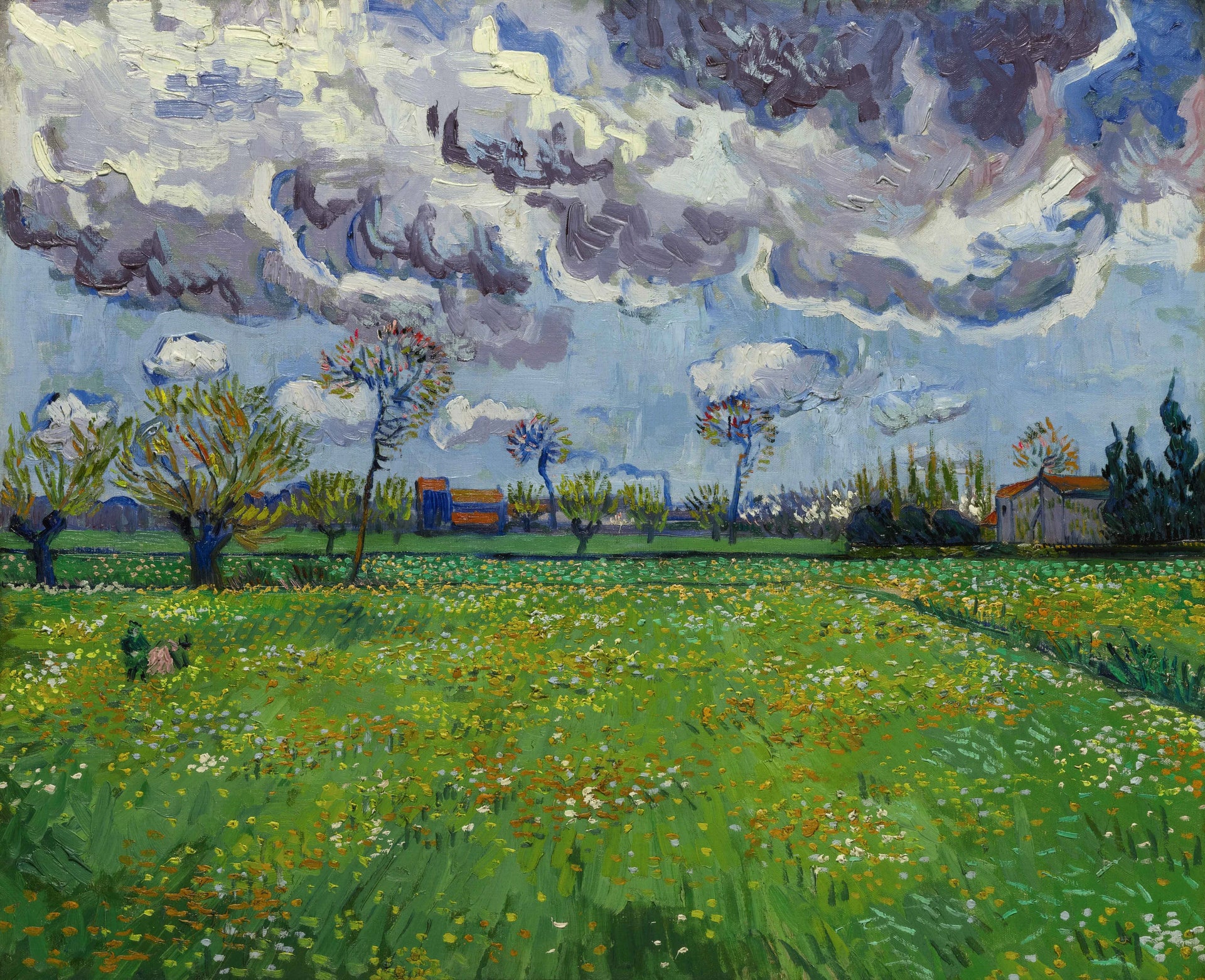 Prairie fleurie sous un ciel orageux, F575 — champ vert et nuages tourbillonnants peints par Vincent van Gogh