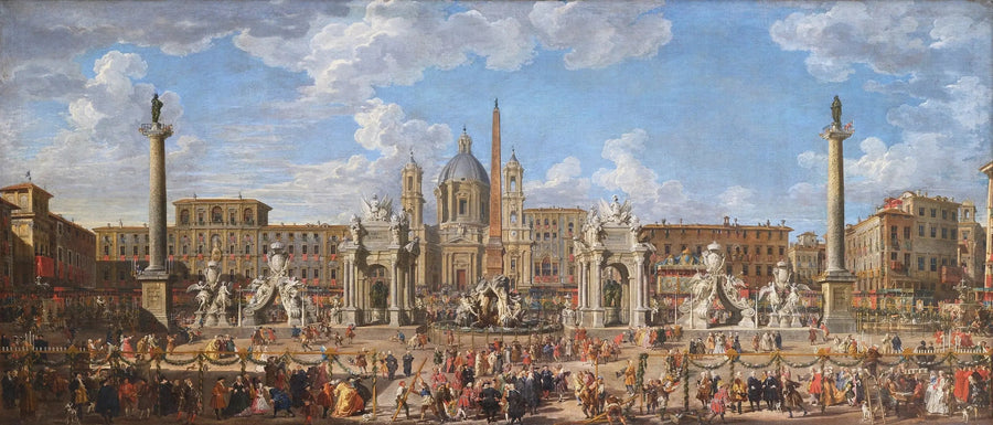 Préparation du feu d'artifice et de la décoration de la fête donnée sur la place Navone, à Rome, le 30 novembre 1729, à l'occasion de la naissance du Dauphin - Giovanni Paolo Panini
