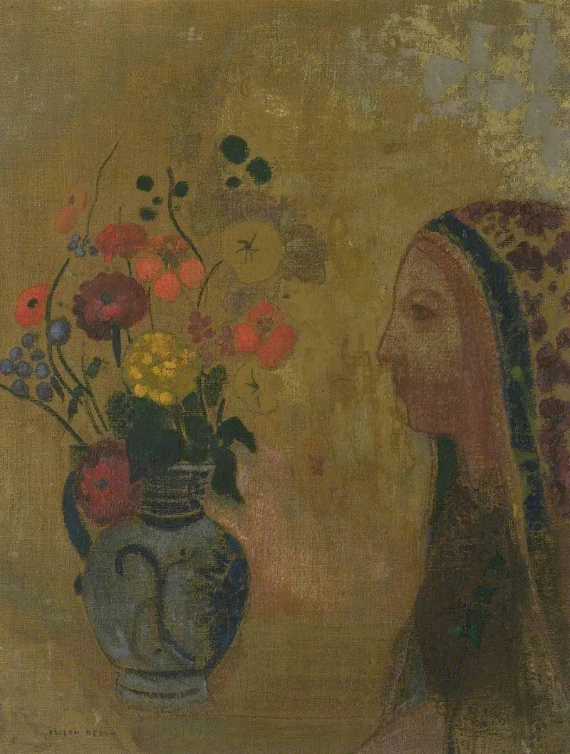 Vrouwelijk profiel met bloemenvaas - Odilon Redon