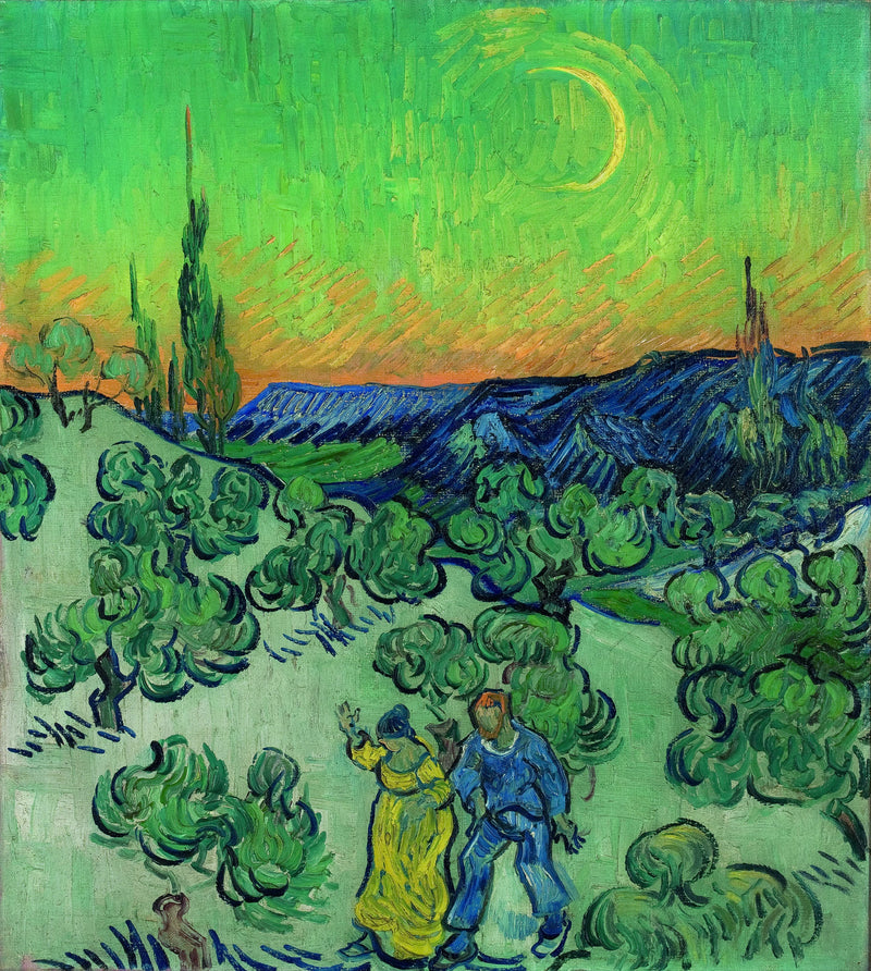 Landschap met een stel dat wandelt en een halve maan - Vincent van Gogh