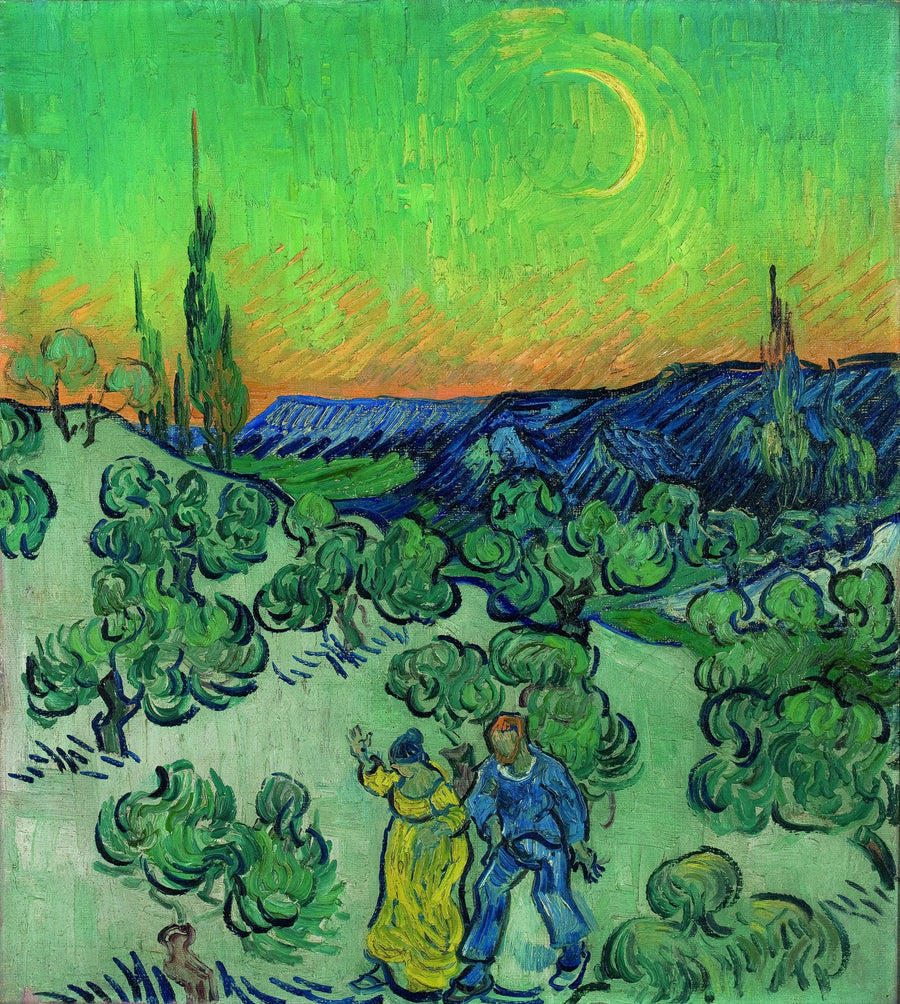 Landschap met een stel dat wandelt en een halve maan - Vincent van Gogh