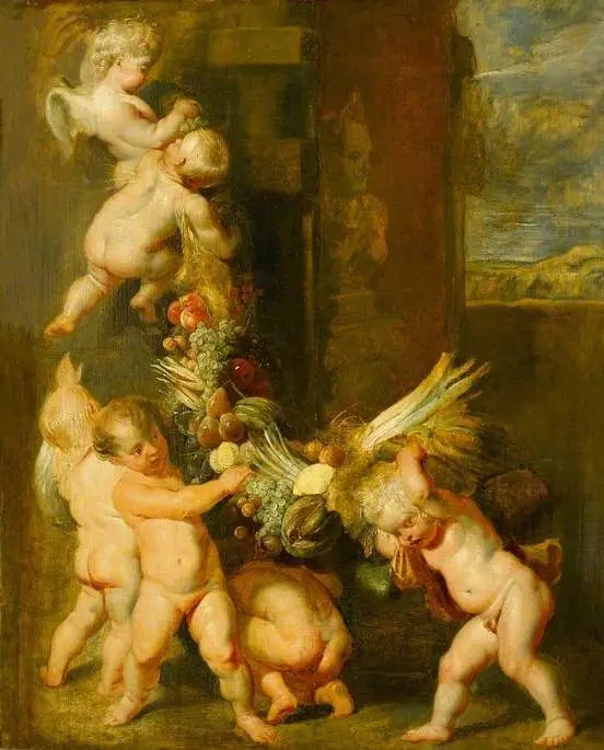 Putti die een bloemenkrans vasthouden - Peter Paul Rubens