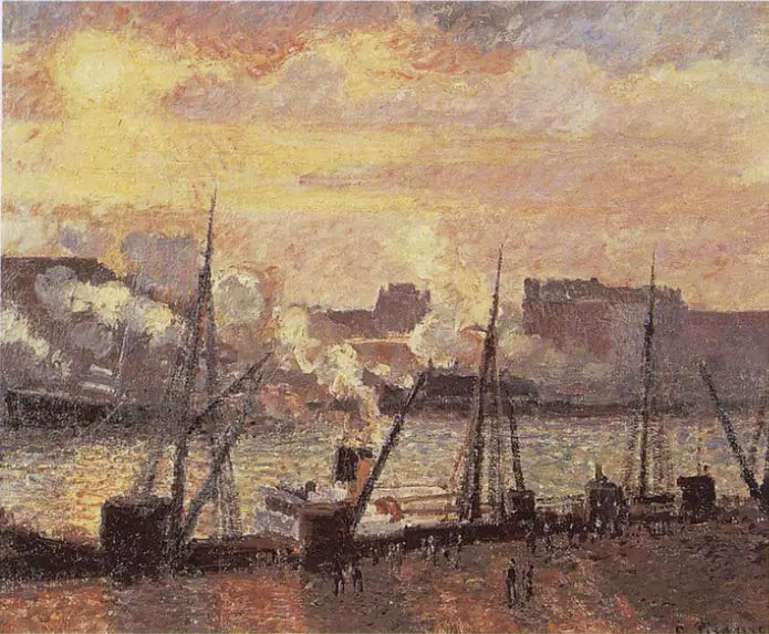 Kade van de Beurs in Rouen, ondergang van de zon - Camille Pissarro