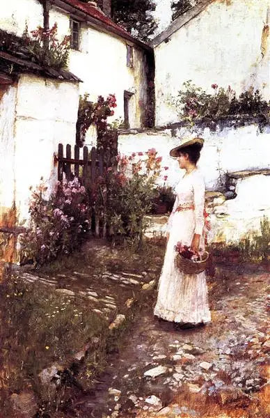 Zomerbloemen verzamelen in een tuin van Devonshire - John William Waterhouse