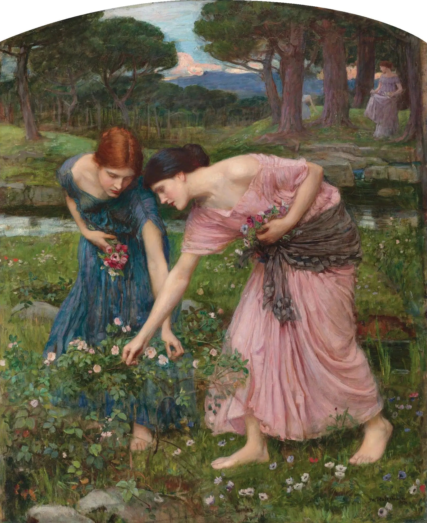 Reproduction du tableau « Rassemblez les boutons de roses tant que vous le pouvez - John William Waterhouse » par Alpha Reproduction en peinture à l’huile