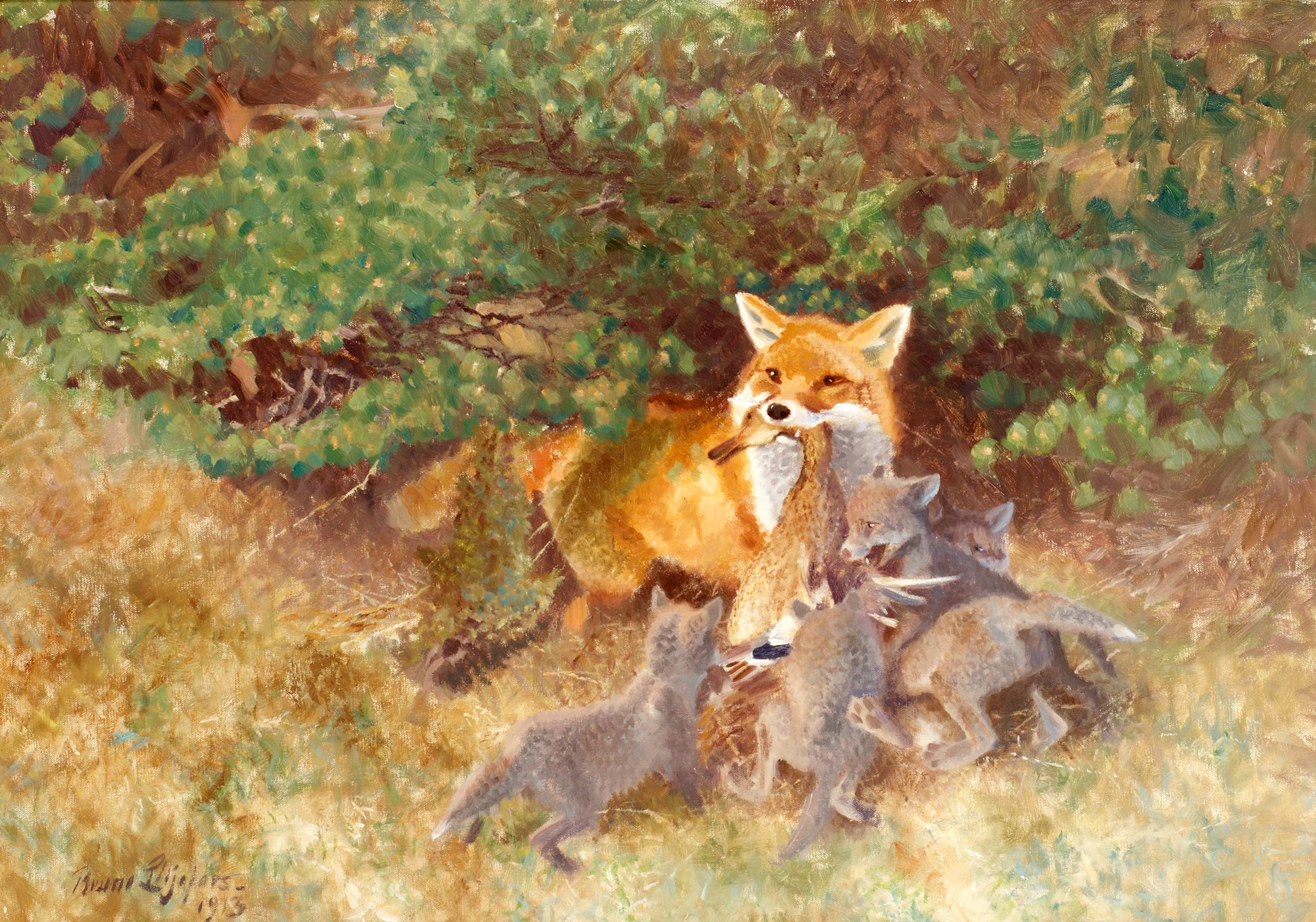 Rävhona med ungar och byte - Bruno Liljefors image 1 tableau peint à l’huile sur toile