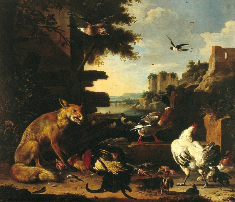Vos met haan en dode gevogelte in een landschap van een park - Melchior de Hondecoeter
