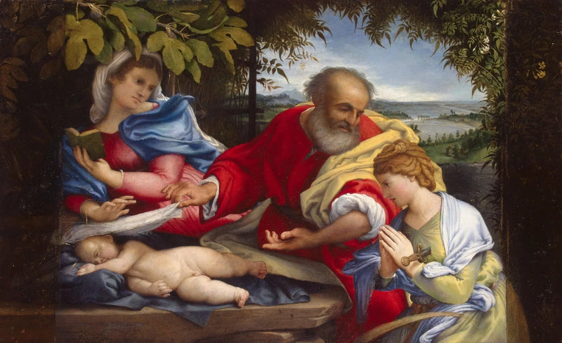 Rust tijdens de vlucht naar Egypte met Sint Justine - Lorenzo Lotto