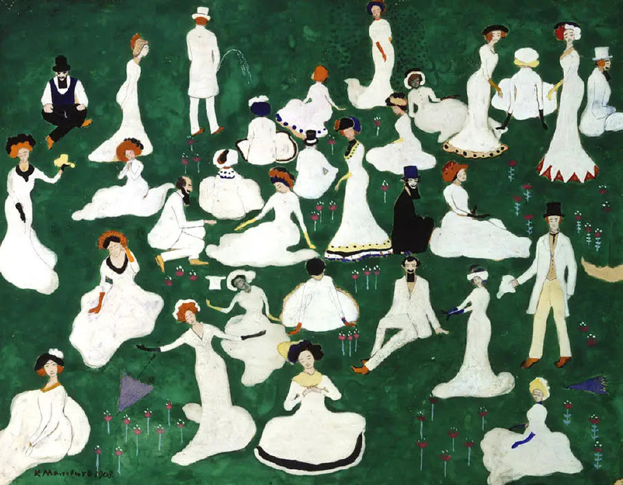 Reproductie van een schilderij van Kazimir Malevich met hoge hoeden