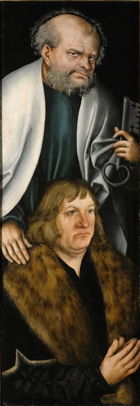 Retabel van Feilitzsch [linkerzij, achterkant]: Portret van Jobst von Feilitzsch met Sint Petrus - Lucas Cranach de Oudere
