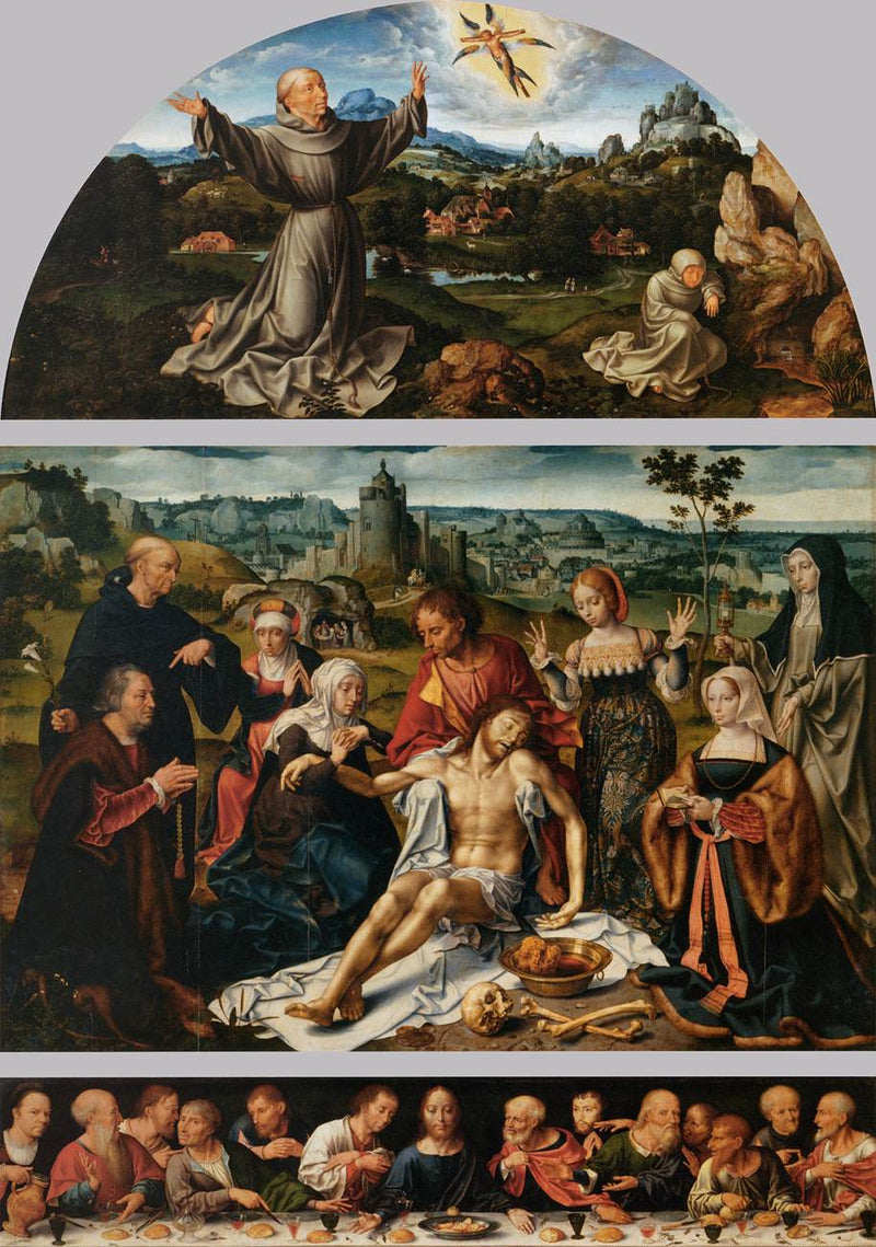 Retabel van de droefheid van Christus: de droefheid van Christus (middenpaneel); De Stigmatisatie van Sint Franciscus (venster); Het Laatste Avondmaal (voorstukje) - Joos van Cleve