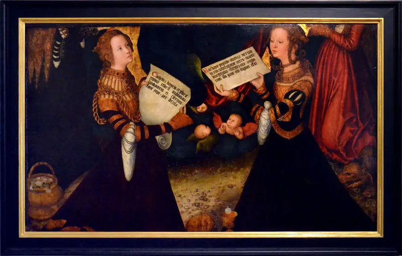 Altarpaneel van Praag [middenpaneel, fragment] : Sint Catharina en Sint Barbara met fragmenten van de figuren van Sint Dorothea en Sint Margareta - Lucas Cranach de Oudere