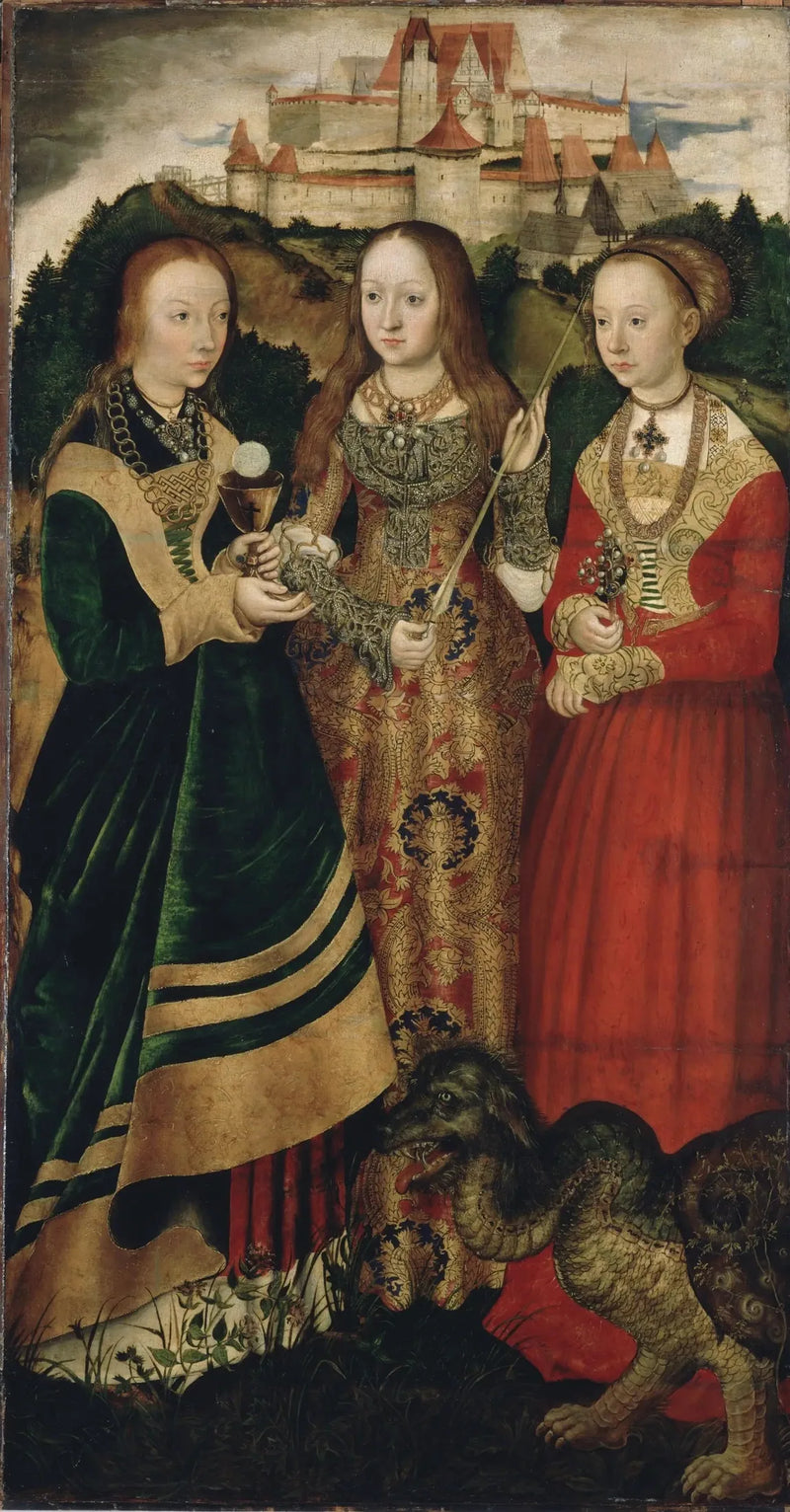 Retabel van de martelaarschap van Sint-Catharina: Sint-Barbara, Sint-Ursula, Sint-Margaretha [rechtervleugel, recto] - Lucas Cranach de Oudere