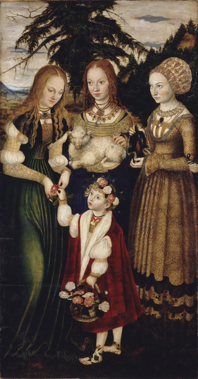 Retabel van de martelaarschap van Sint-Catharina: Sint-Dorothea, Sint-Agnès, Sint-Cunégonde [linker vleugel, recto] - Lucas Cranach de Oudere