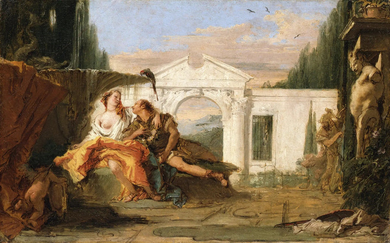 Rinaldo en Armida in de magische tuin van Armida, beluisterd door Carlo en Ubaldo - Giovanni Battista Tiepolo