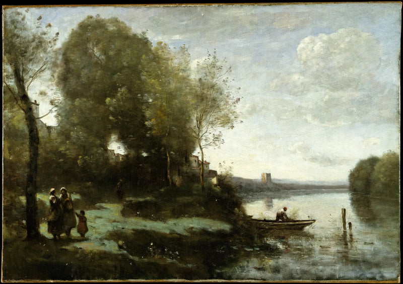 Rivier met een bezoek in de verte - Jean-Baptiste Camille Corot