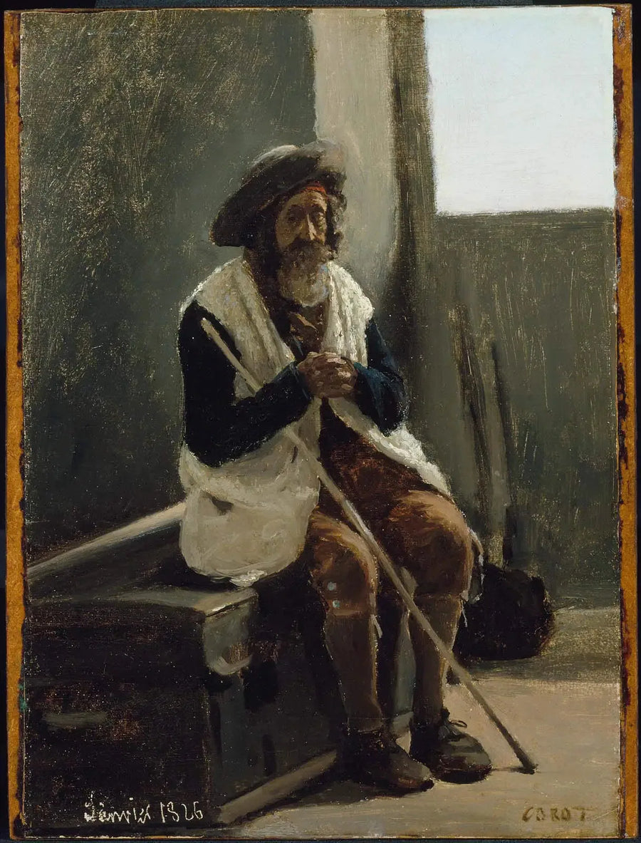 Rome, oude man zittend op een koffer eigendom van Corot - Jean-Baptiste Camille Corot